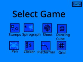 8 Games: Clicker, Platformer, Dancing Cube,Stamps, Grid, Spirograph, Shooting, and Pen
